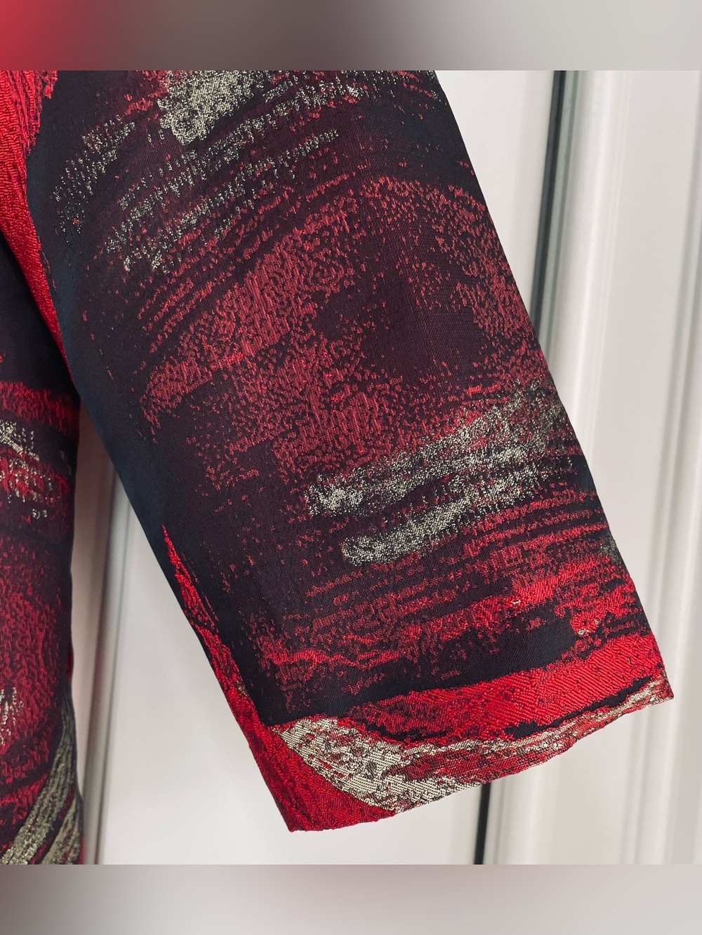 NWT Ming Wang Red Black Gold Brushstroke Jacquard Ruffle Collar Jacket Small - Picture 4 of 14